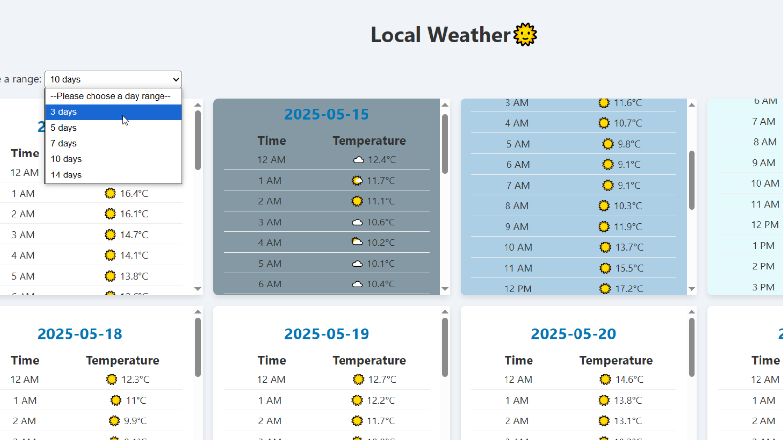 Weather forecast app showing hourly data with time-based background colors.